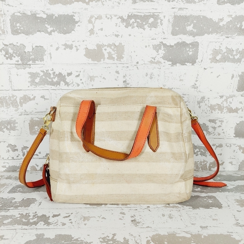 Authentic Fossil Cowhide Leather Trim Beige Striped Handbag Shoulder Bag 0709